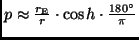 $p \approx \frac{r_{\rm E}}{r} \cdot
\cos h \cdot \frac{180^\circ}{\pi}$