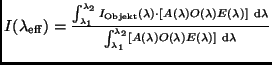 $I(\lambda_{\rm eff}) =
\frac{\int_{\lambda_1}^{\lambda_2} I_{\rm Objekt}(\lamb...
...t_{\lambda_1}^{\lambda_2}
[A(\lambda) O(\lambda) E(\lambda)] \ {\rm d}\lambda}$